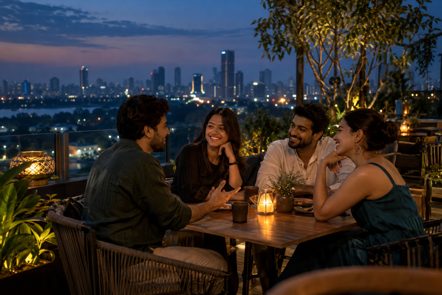 Four friends sharing a conversation at a rooftop café at dusk